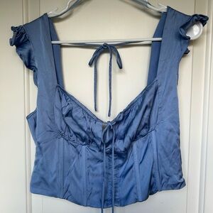 Astr Blue Corset Milk Maid Smocked Back Crop Top